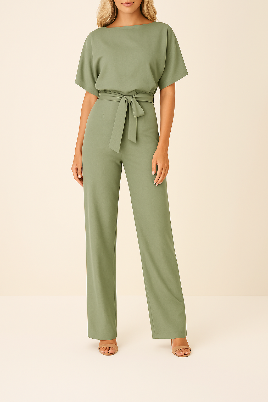 Nahaufnahme des weich fallenden Stoffes vom Damen Jumpsuit "Emma" mit weitem Bein, kurze Ärmel.
