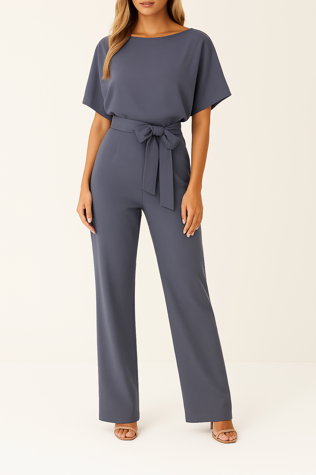 Ganze Figur: Eleganter Damen Jumpsuit "Emma" mit weitem Bein und Kurzarm, bereit für den Sommer.