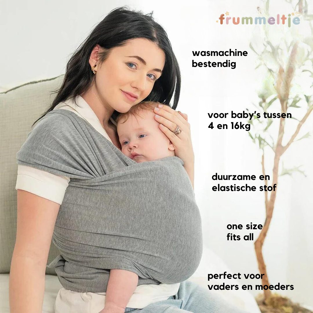 Ergonomische CuddleWrap Babytrage für Babys, fördert gesunde Hüftentwicklung in natürlicher M-Position.