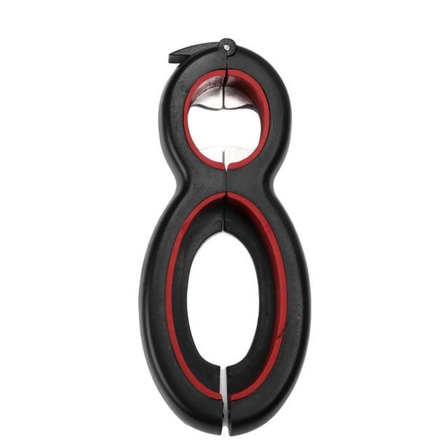 Ergonomischer 6-in-1 Multifunktionsöffner in Rot-Grau. Praktischer Küchenhelfer für Flaschen, Gläser, Dosen.