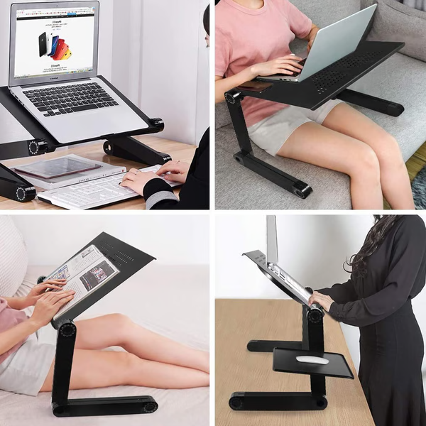 Detailansicht des 360° drehbaren und höhenverstellbaren Laptopständers für optimale Ergonomie am Arbeitsplatz.