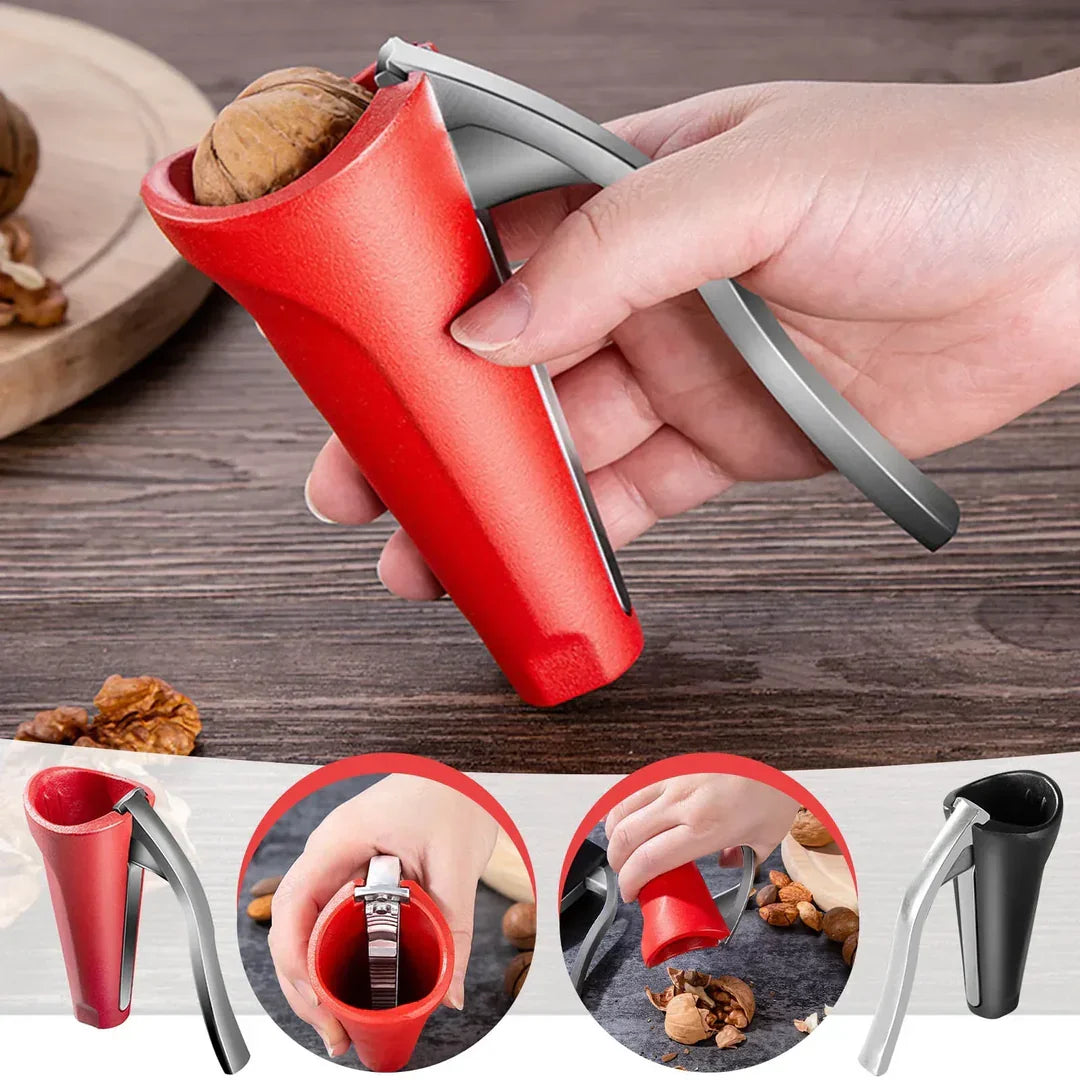 Ergonomischer Nussknacker aus rotem Metall für Walnüsse und Haselnüsse, ein müheloser Küchenhelfer.