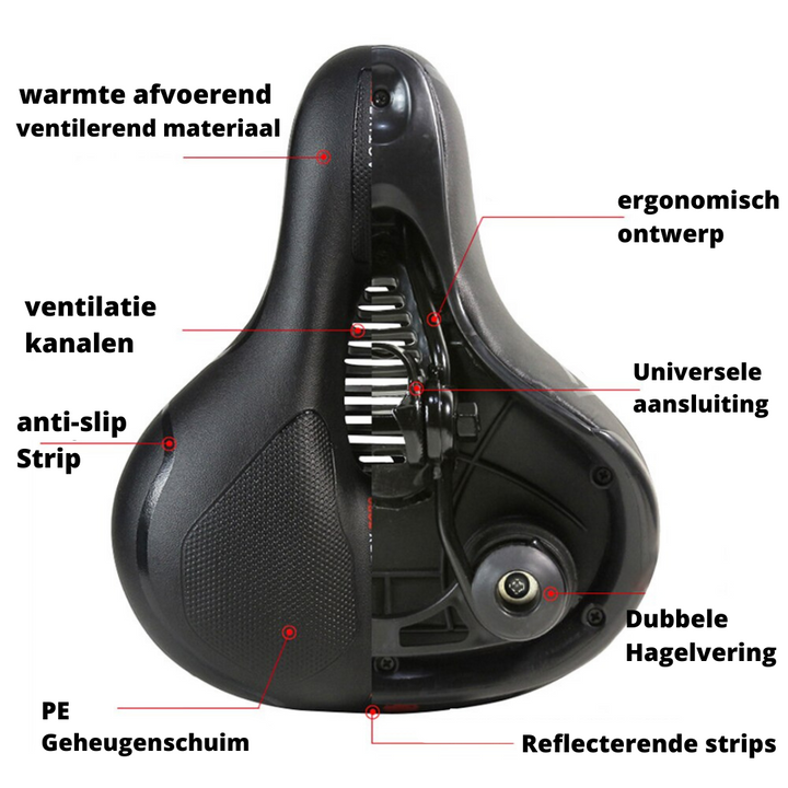 Unisex-Fahrradsattel mit stoßdämpfender Federung und ergonomischem Design für sicheres Radfahren.