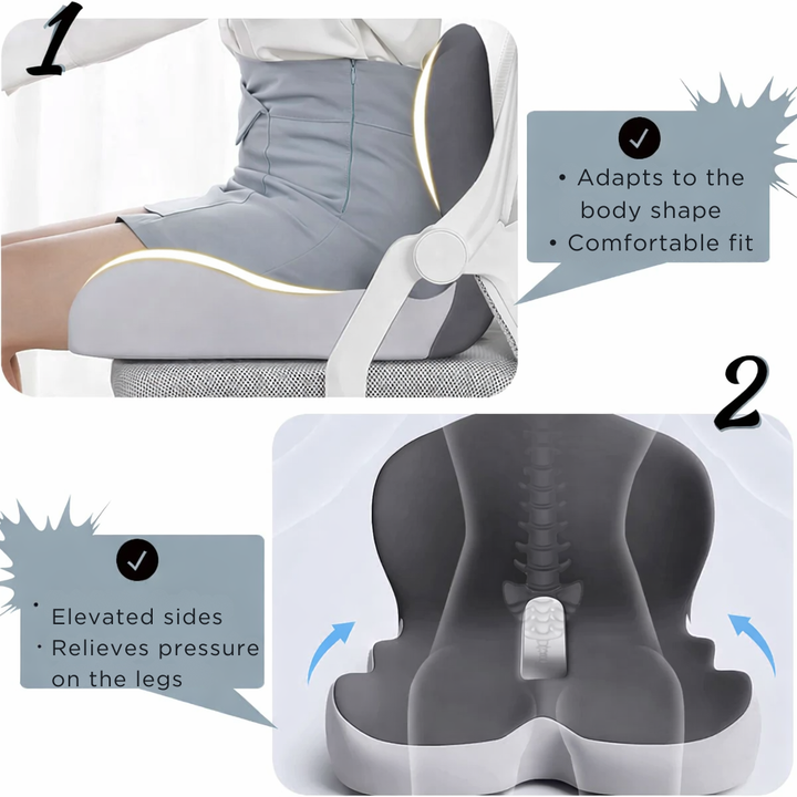 Hochwertiges Memory Foam Sitzkissen, ergonomisch geformt für maximale Druckentlastung der Wirbelsäule.