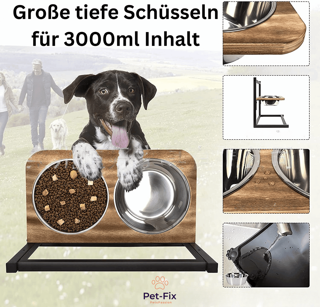 Stilvolle erhöhte Hundefutterstation mit Doppel-Edelstahlnäpfen, perfekt für eine gesunde Haltung beim Fressen.