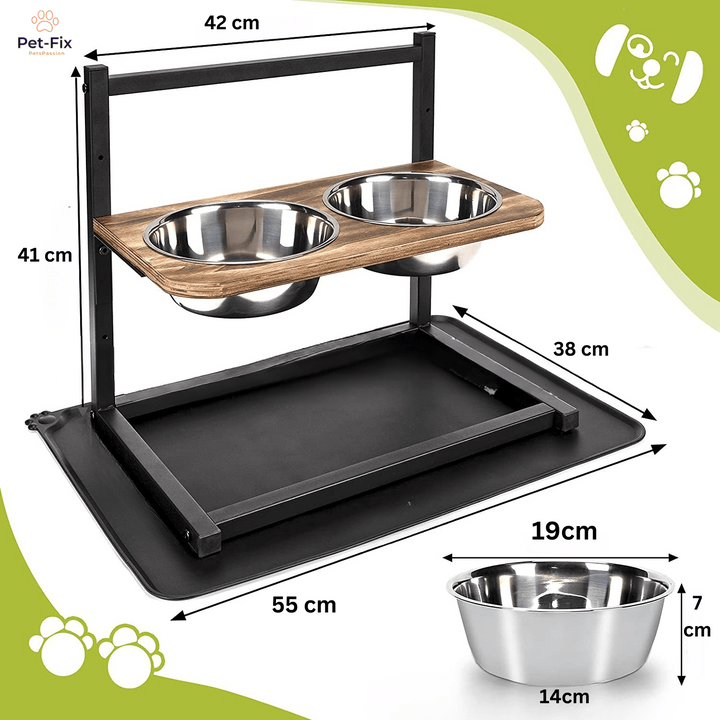 Komfortable erhöhte Futterstation für Hunde jeder Größe mit zwei herausnehmbaren Edelstahl-Futternäpfen.