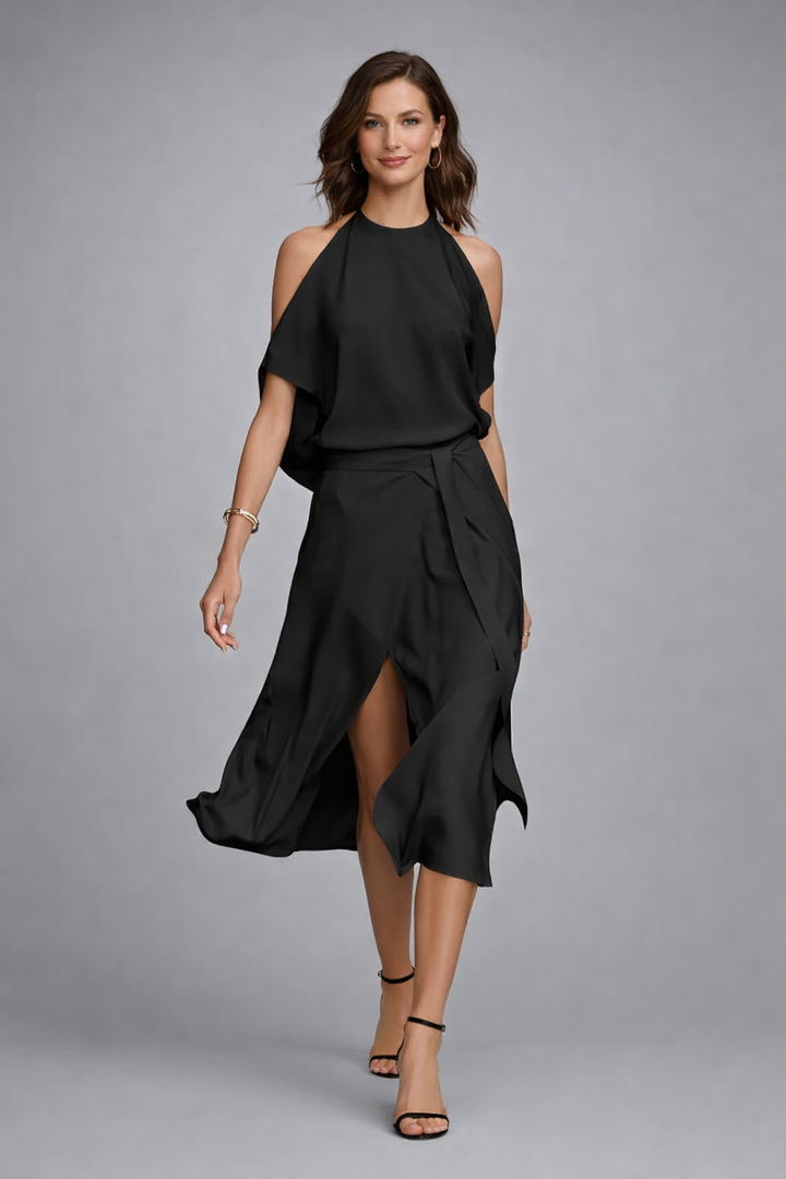 Schulterfreies Halterneck Midi Cocktailkleid für Damen, knitterfrei & pflegeleicht. Perfekt für Abend & Party.