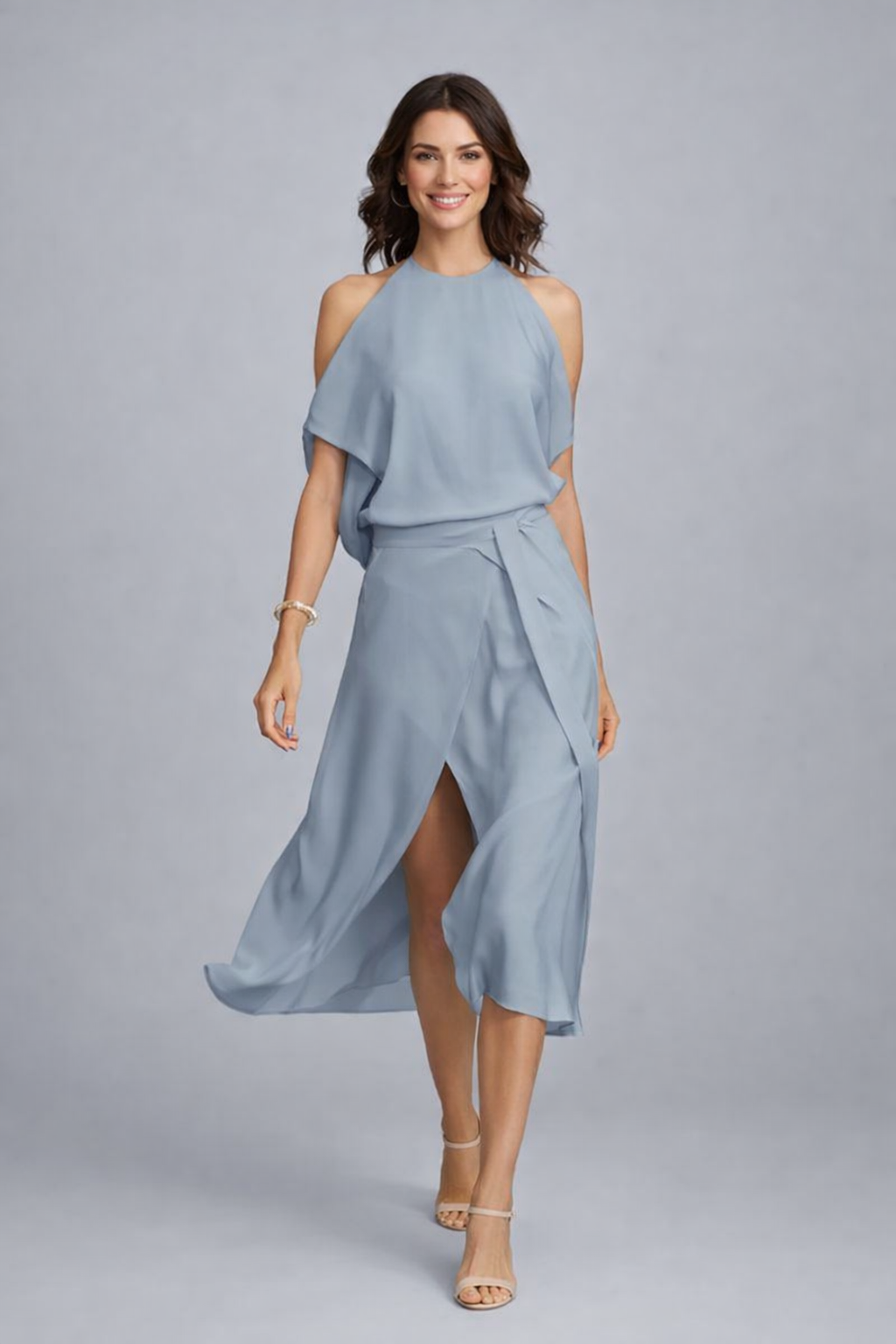 Elegantes Damen Midi Sommerkleid schulterfrei mit Halterneck, knitterfrei für festliche Anlässe, in Grau, Schwarz oder Weiß.