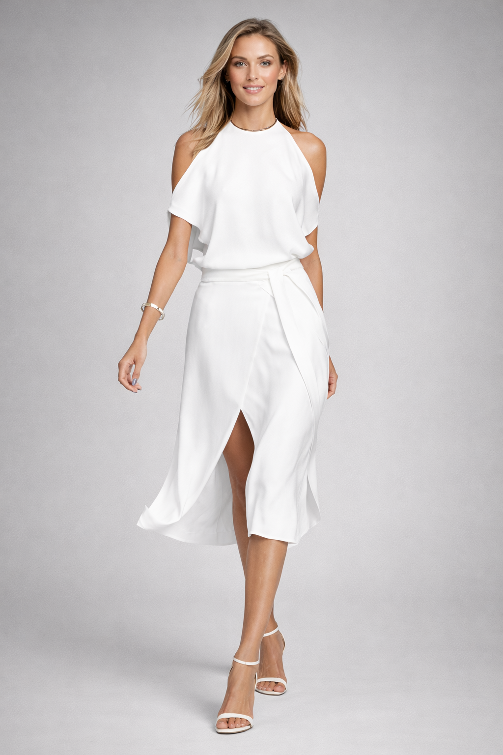 Knitterfreies elegantes Damen Midi Kleid mit Halterneck, schulterfrei. Ideal als Sommer-, Cocktail- oder Abendkleid.