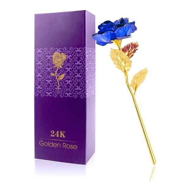 Offene Box enthüllt eine schillernde 24K Goldfolien Rose, ein luxuriöses & ewiges Geschenk für Damen.