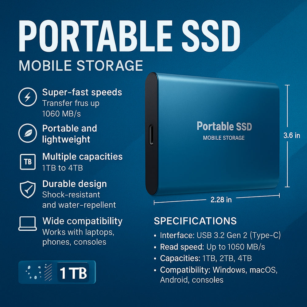 Externe SSD 128GB Aluminium, ultraschneller tragbarer Datenspeicher für Laptop & PC.