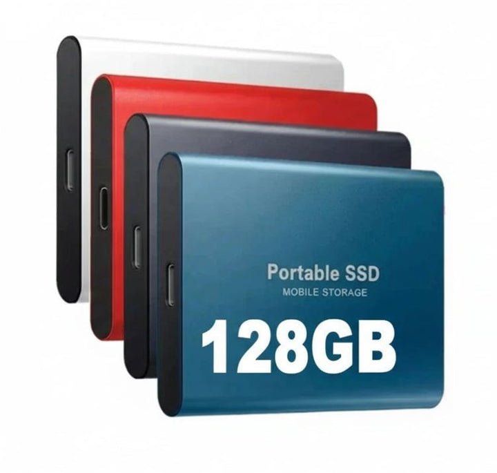 Wasserdichte externe 128GB SSD mit Aluminiumgehäuse, schneller USB-C tragbarer Datenspeicher.
