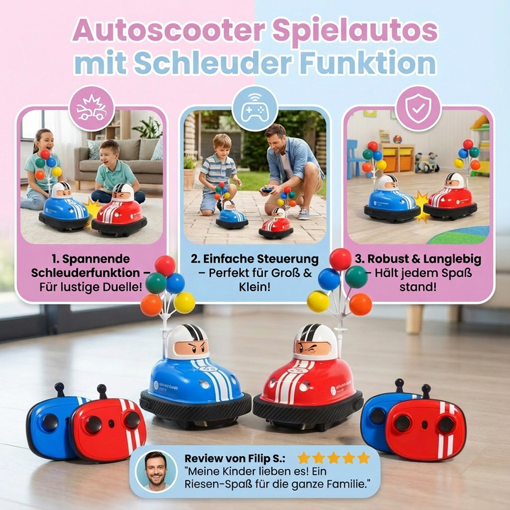 Set von bunten Autoscooter Spielautos mit Schleuderfunktion und LED-Lichtern für doppelten Rennspaß.