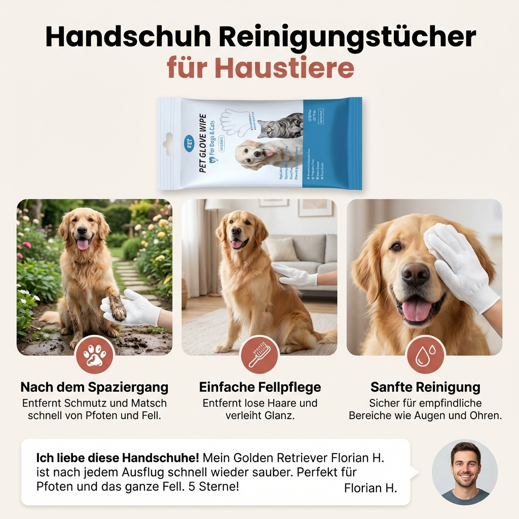 Praktische Reinigungshandschuhe zur schnellen und effektiven Pflege von Pfoten und Fell bei Haustieren.