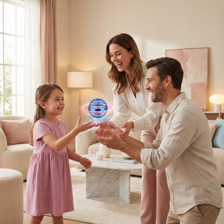 Schwebender LED-Spielball in Blau, Rot, Lila. Interaktives Flugspielzeug für Kinder & Erwachsene, drinnen & draussen.