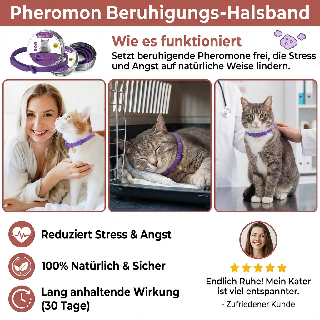 Entspannte Katze mit Pheromon-Katzenhalsband für Ruhe und Angstlinderung. Beruhigung für Haustiere.