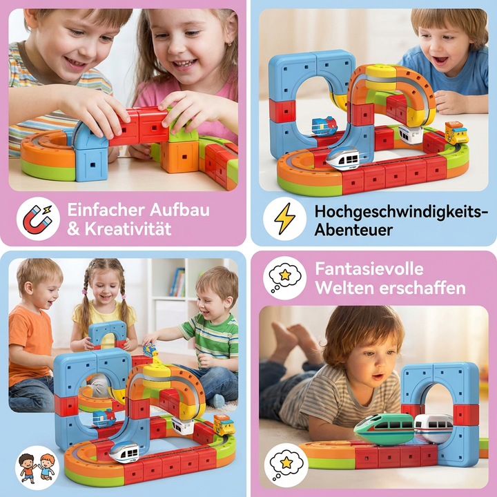 Detaillierte Ansicht der magnetischen Würfel-Elemente der interaktiven Schienenbahn. Robustes Kinderspielzeug.