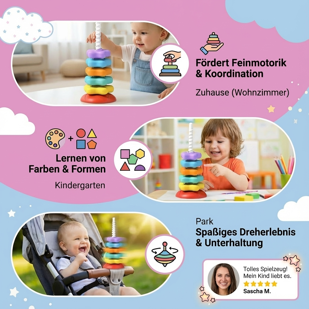 Stabiler Regenbogen Farbturm, ideales Motorikspielzeug & Formenspiel für frühförderung bei Babys und Kleinkindern.