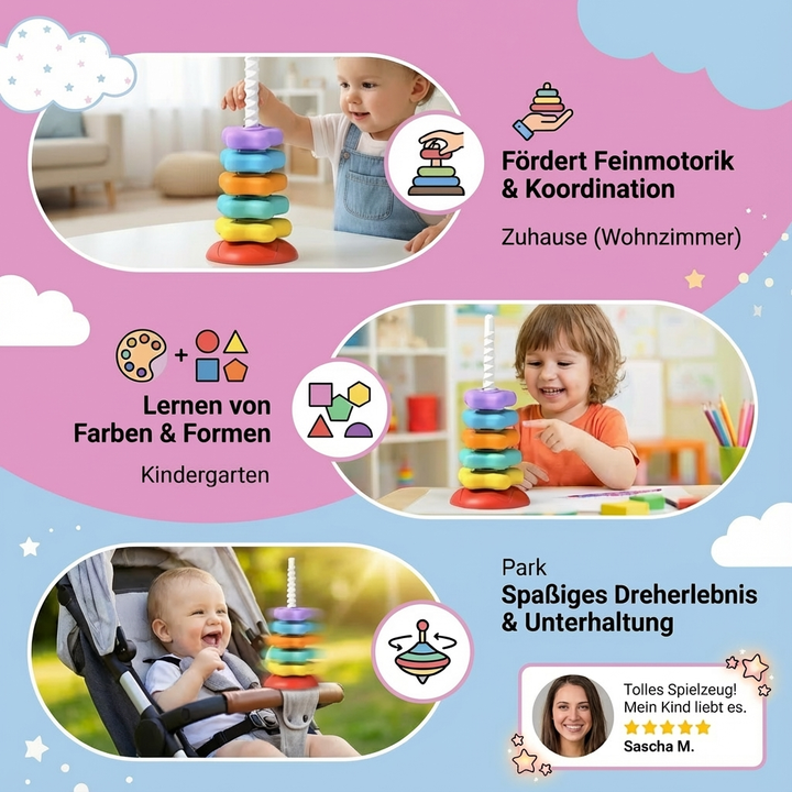 Stabiler Regenbogen Farbturm, ideales Motorikspielzeug & Formenspiel für frühförderung bei Babys und Kleinkindern.