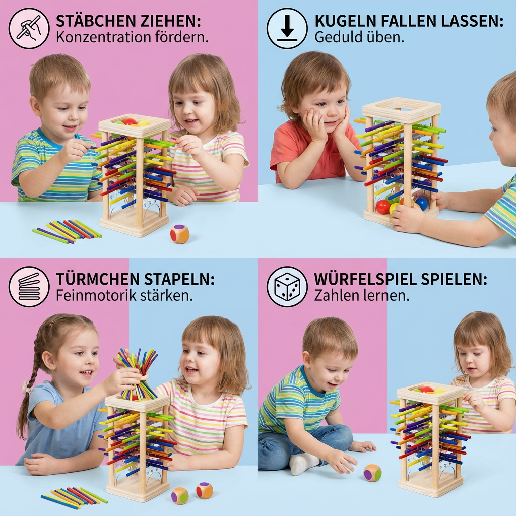 Familienspiel: Pädagogisches 3in1 Holz Geschicklichkeitsspiel, fördert gemeinsame Zeit und spielerisches Lernen.