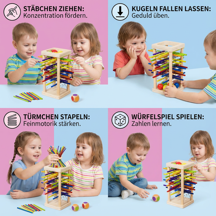 Familienspiel: Pädagogisches 3in1 Holz Geschicklichkeitsspiel, fördert gemeinsame Zeit und spielerisches Lernen.