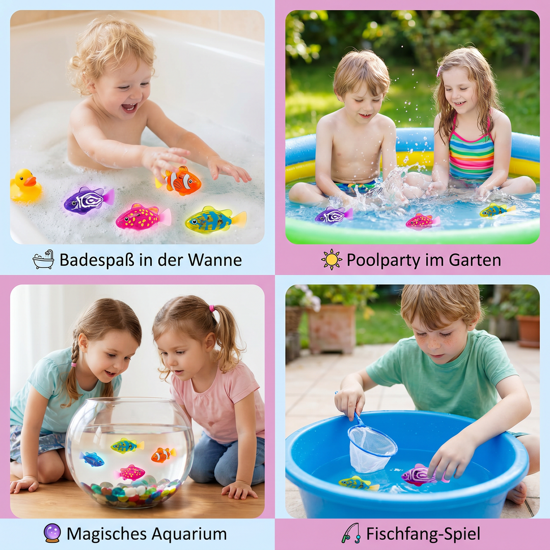 Badespaß unter Wasser mit leuchtenden LED Schwimmfischen. Sensorisches Spielzeug für Kinder im Bad.