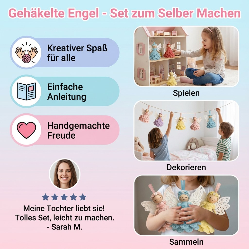 Hände häkeln einen Engel mit dem DIY Kreativset. Perfektes Hobby für entspannende Handarbeit & Deko.