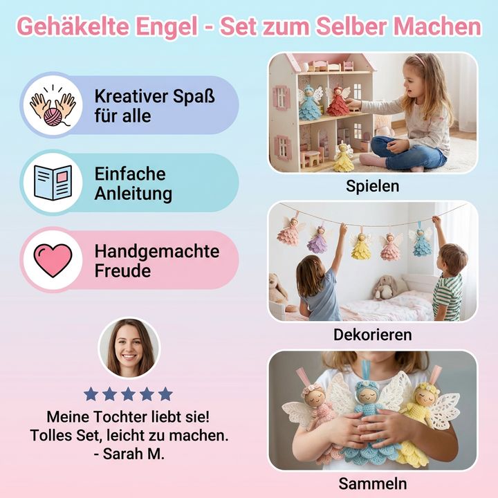 Hände häkeln einen Engel mit dem DIY Kreativset. Perfektes Hobby für entspannende Handarbeit & Deko.