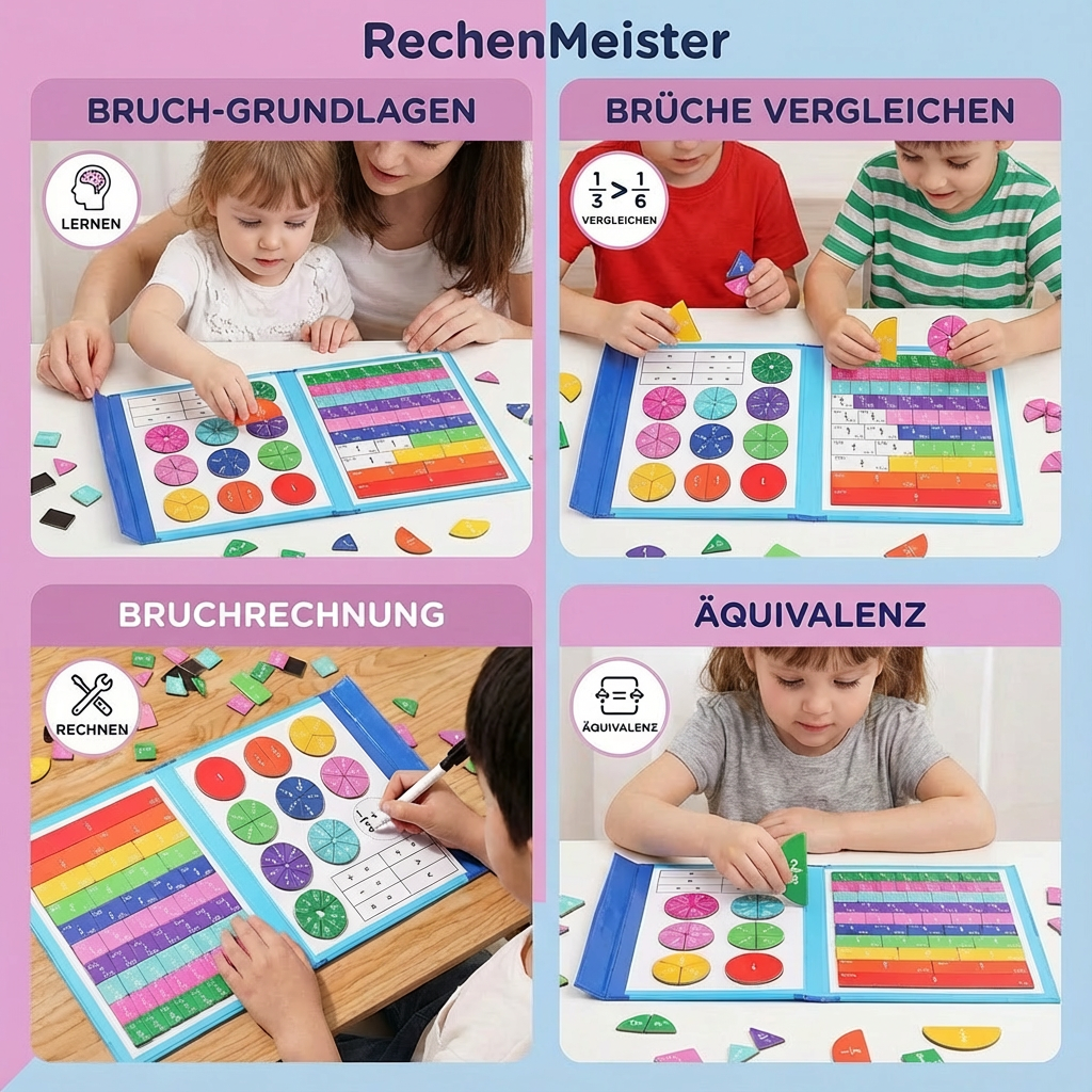 Kinder spielen mit dem magnetischen Mathe-Lernspiel RechenMeister und üben Brüche und Prozente haptisch.