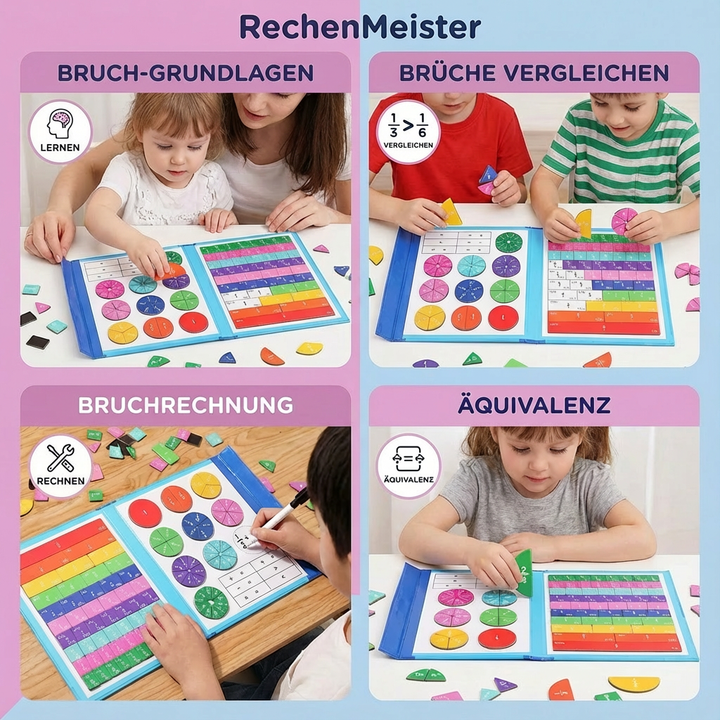 Kinder spielen mit dem magnetischen Mathe-Lernspiel RechenMeister und üben Brüche und Prozente haptisch.