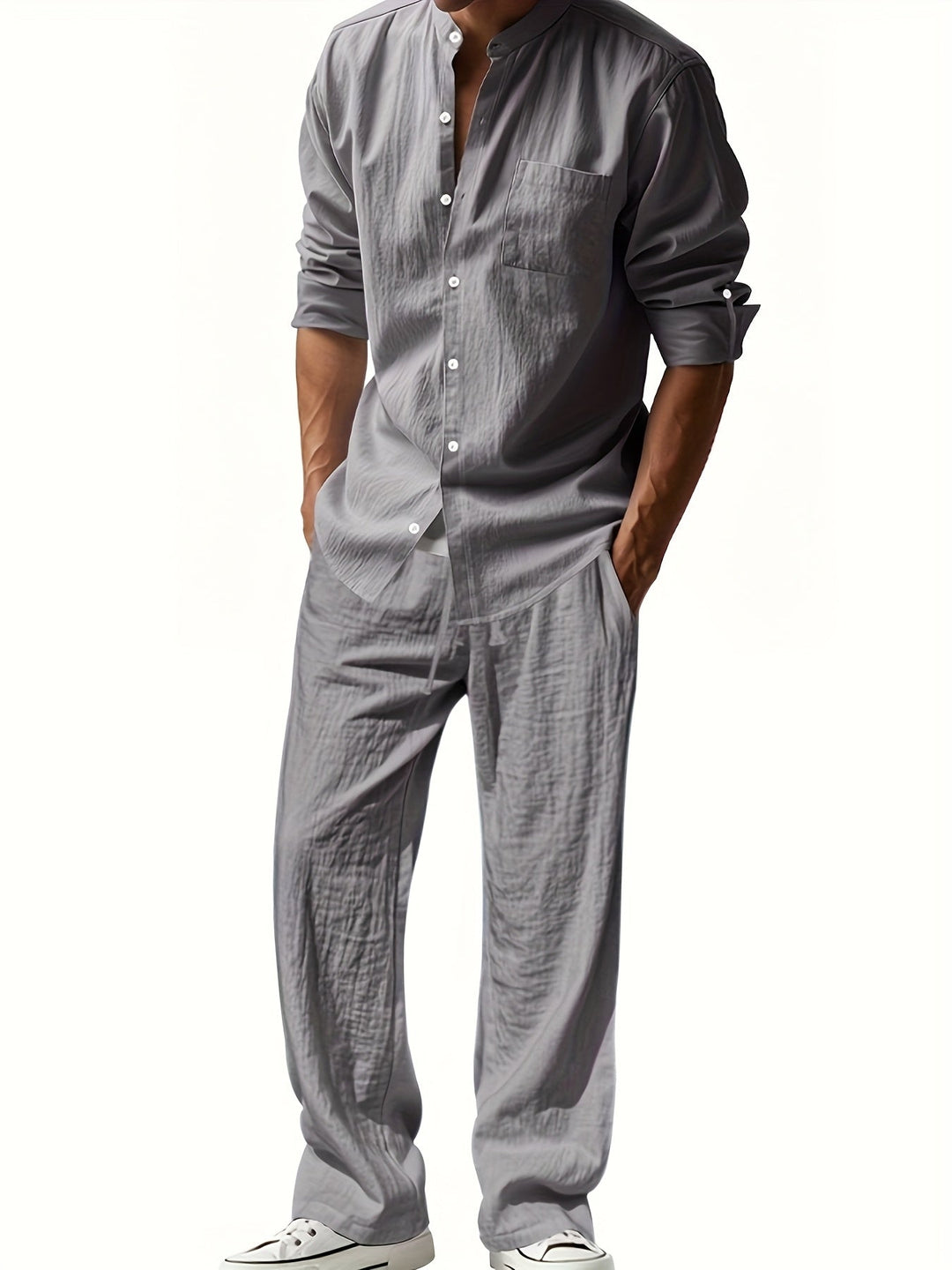 Herren Sommer Set: Leichtes Stehkragen Hemd & bequeme Relaxed Fit Hose für Strandurlaub.