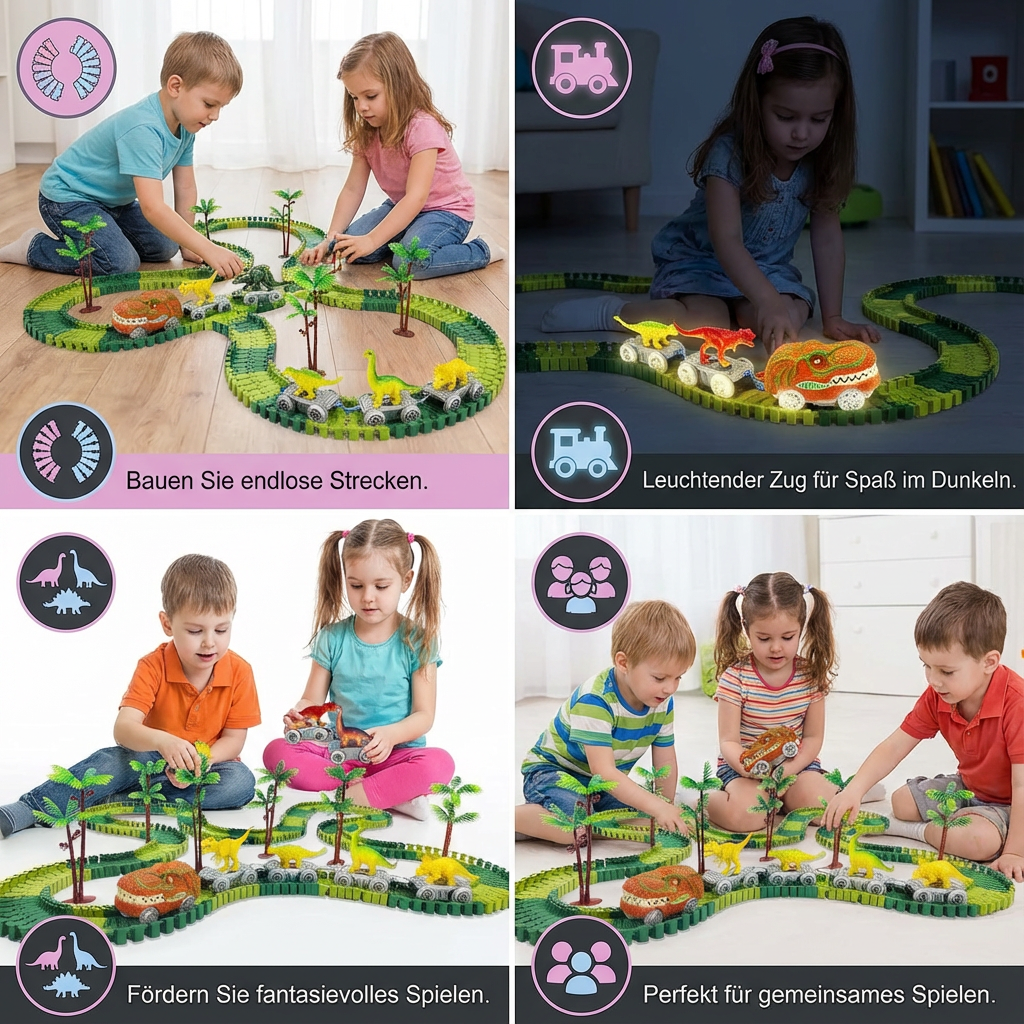 Ideales Geschenk: Dinosaurier Rennbahn für Kinder. Flexible Strecke und Leuchtzug für stundenlangen Dino-Spielspaß.