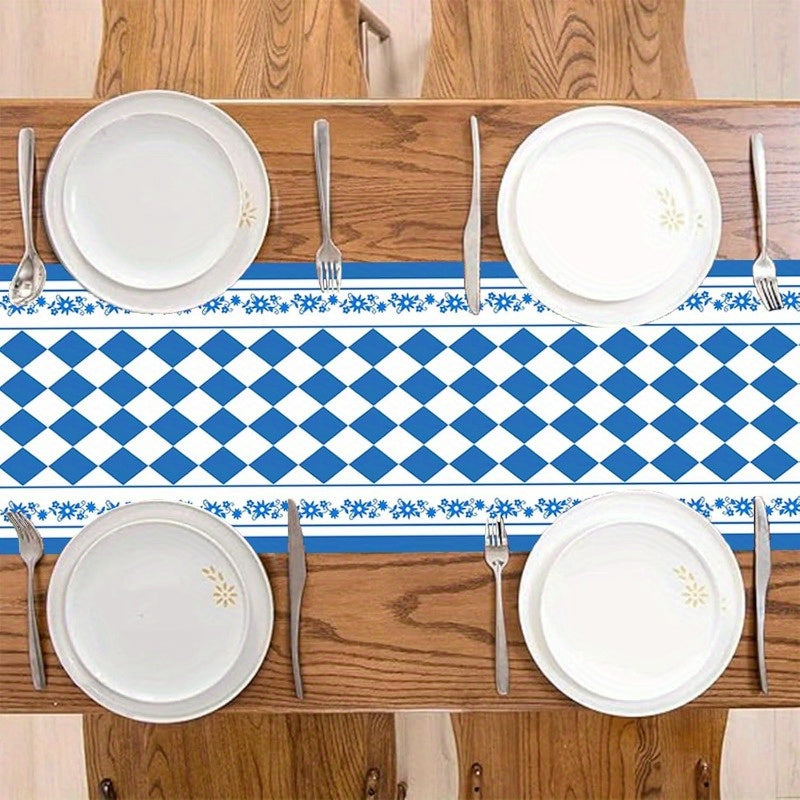 Hochwertiger Oktoberfest Tafelläufer in Blau-Weiß Rautenmuster. Traditionelle Tischdeko für festliche Anlässe.