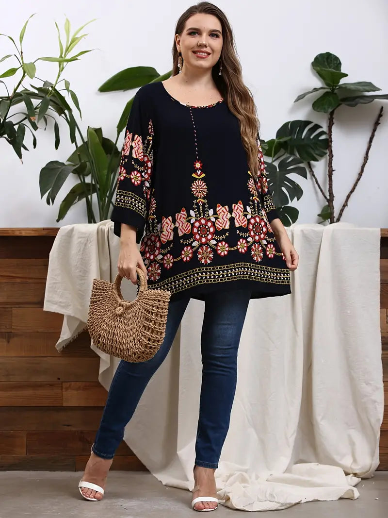 Herbstliche Damen Tunika Übergröße, locker geschnitten, mit Blumenmuster, sehr bequem und schick.