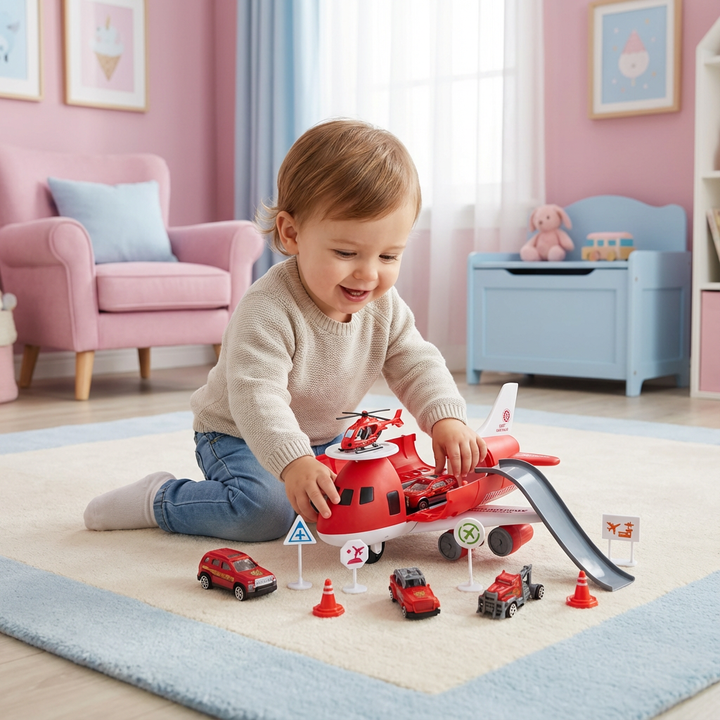 Kinder Flugzeug & Fahrzeug Spielset für Abenteuer & Entwicklung, mit Autos & Flieger für Kleinkinder.