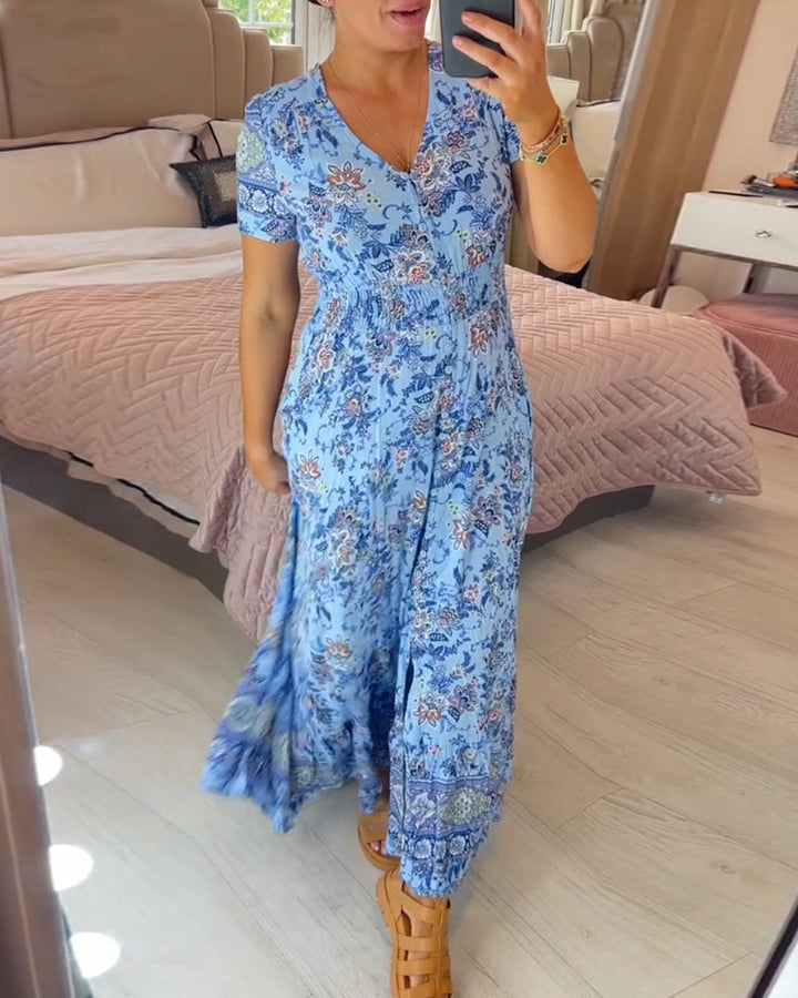 Beiges Damen Sommerkleid, locker geschnitten, mit V-Ausschnitt. Ideal für Freizeit & Urlaub.