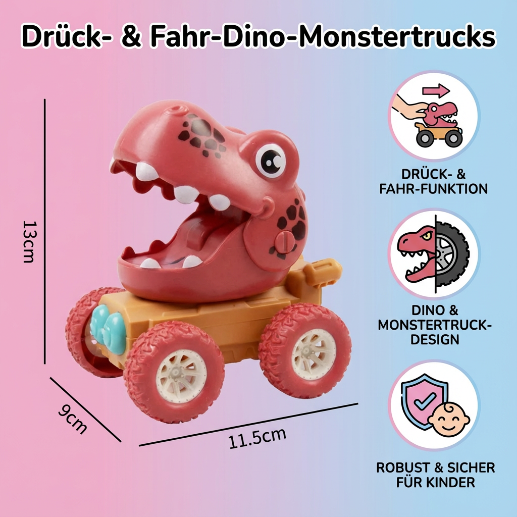 Lustiger Dino Monstertruck als Geschenk für Kinder. Robustes Spielzeugfahrzeug für stundenlangen Spielspaß.