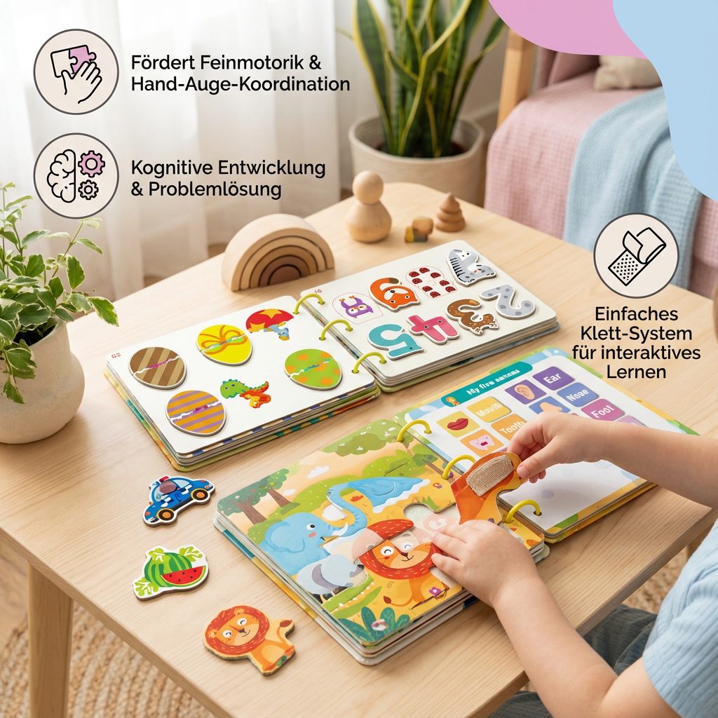 Farbenfrohes Sensorisches Buch aus Stoff, ideal für Babys und Kleinkinder zur spielerischen Sinnesentwicklung.
