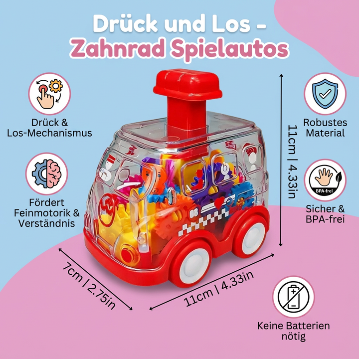 Detailaufnahme bunter Zahnräder eines Push-and-Go Kinder Spielautos, Motorik & Technik spielend entdecken.
