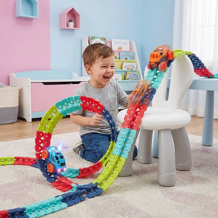 Bunte Anti-Schwerkraft Rennbahn für Kinder mit flexiblen Schienen und spannenden Loopings für Spielspaß.