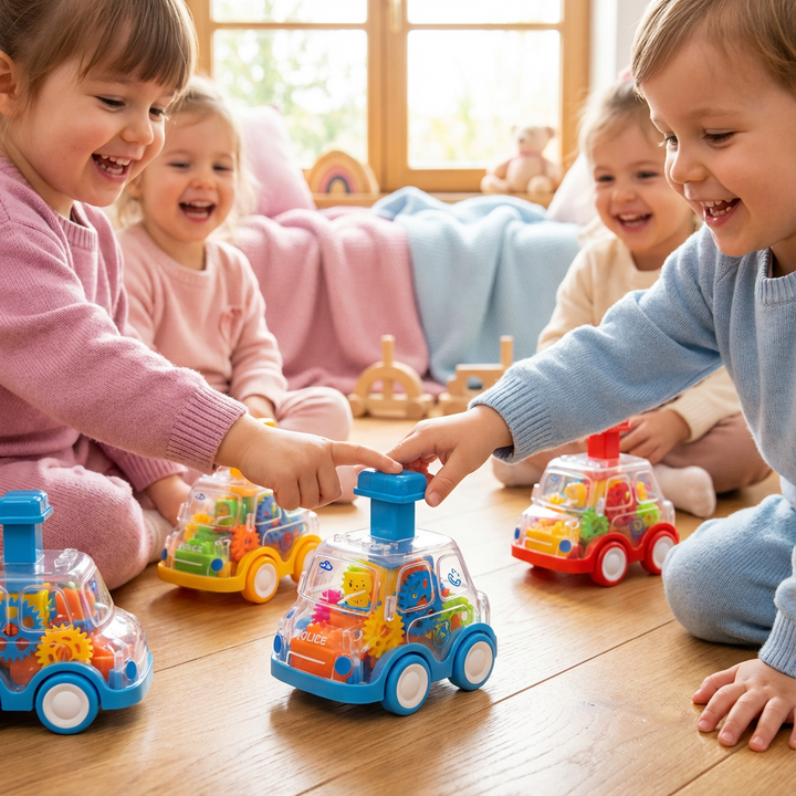 Set bunter Zahnrad Spielautos zum Drücken und Losfahren für Kinder, robustes Lernspielzeug, Motorikspielzeug.