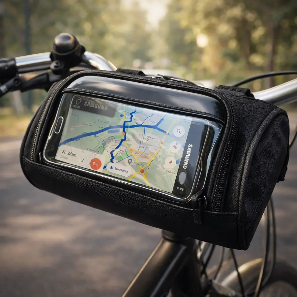 Fahrrad-Lenkertasche mit Touchscreen für Smartphones, wetterfest & universalem Klettsystem.