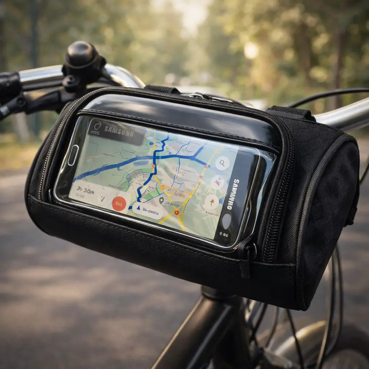 Fahrrad-Lenkertasche mit Touchscreen für Smartphones, wetterfest & universalem Klettsystem.