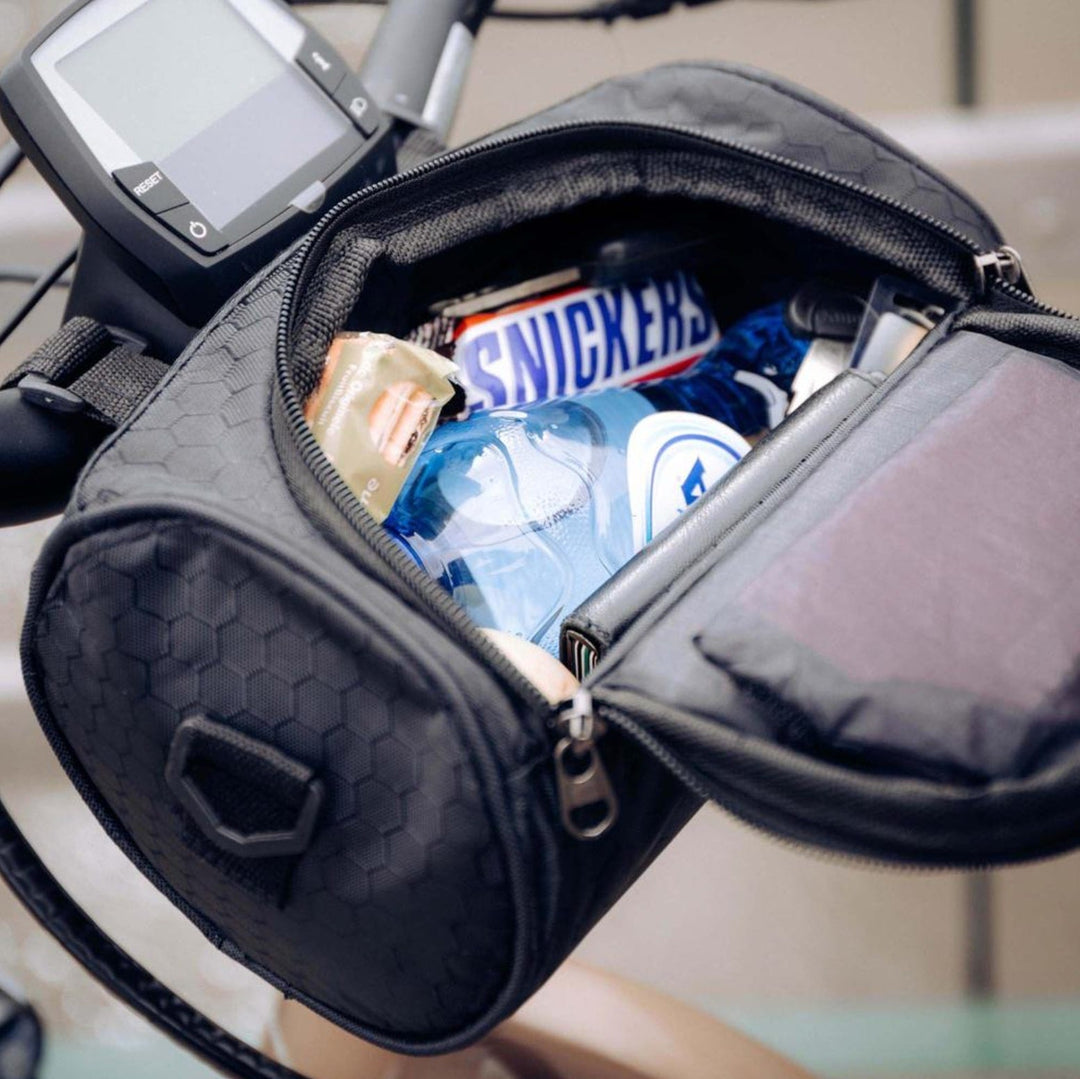 Multifunktionale Fahrradlenkertasche mit Smartphone-Fach & genug Stauraum für Schlüssel, Geldbörse.