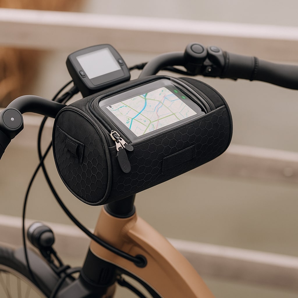 Wasserdichte Lenkertasche mit Touchscreen-Bedienung, perfekt für Fahrradtouren bei jedem Wetter.