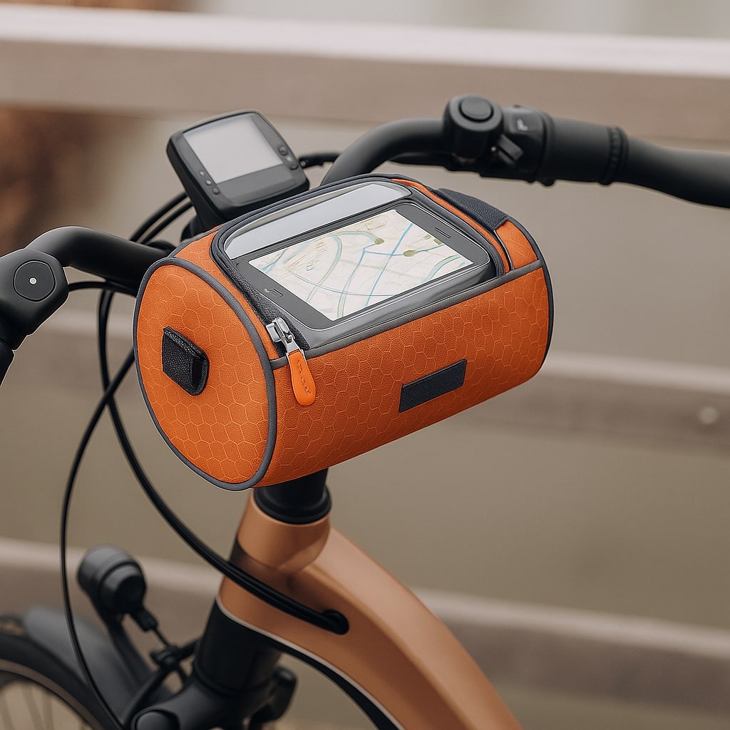 Outdoor-Fahrradtasche mit Touchscreen-Display für Smartphone-Navigation & wetterfestem Schutz.