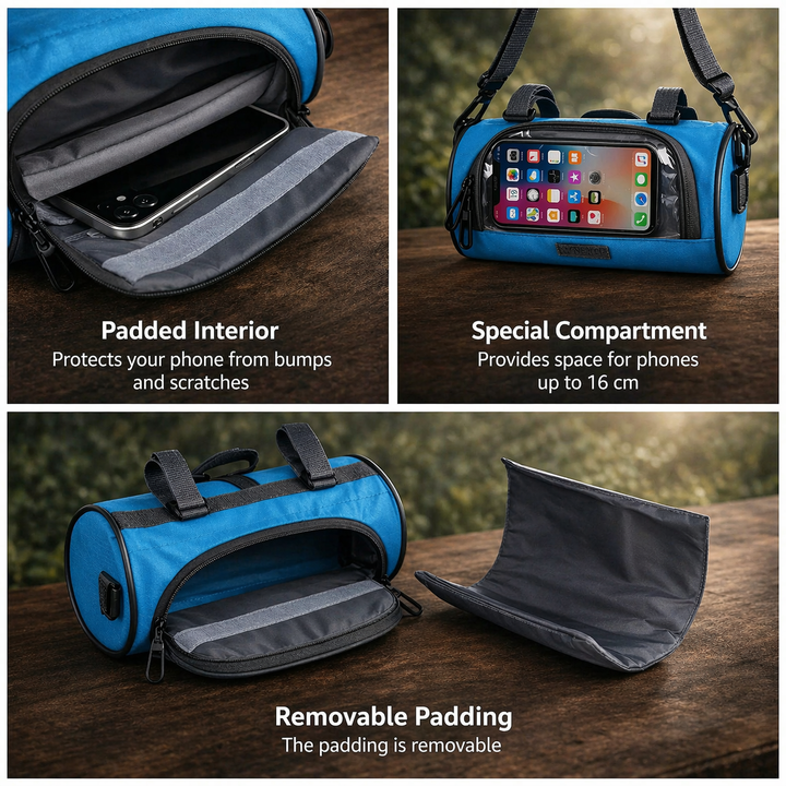 Wetterfeste Fahrradtasche für den Lenker, mit Touchscreen-Fenster & Klettverschluss-Befestigung.