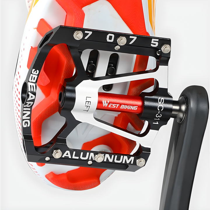 Detailansicht der ultraleichten Anti-Rutsch Fahrradpedale mit speziellen Pins für maximalen Grip beim Radfahren.
