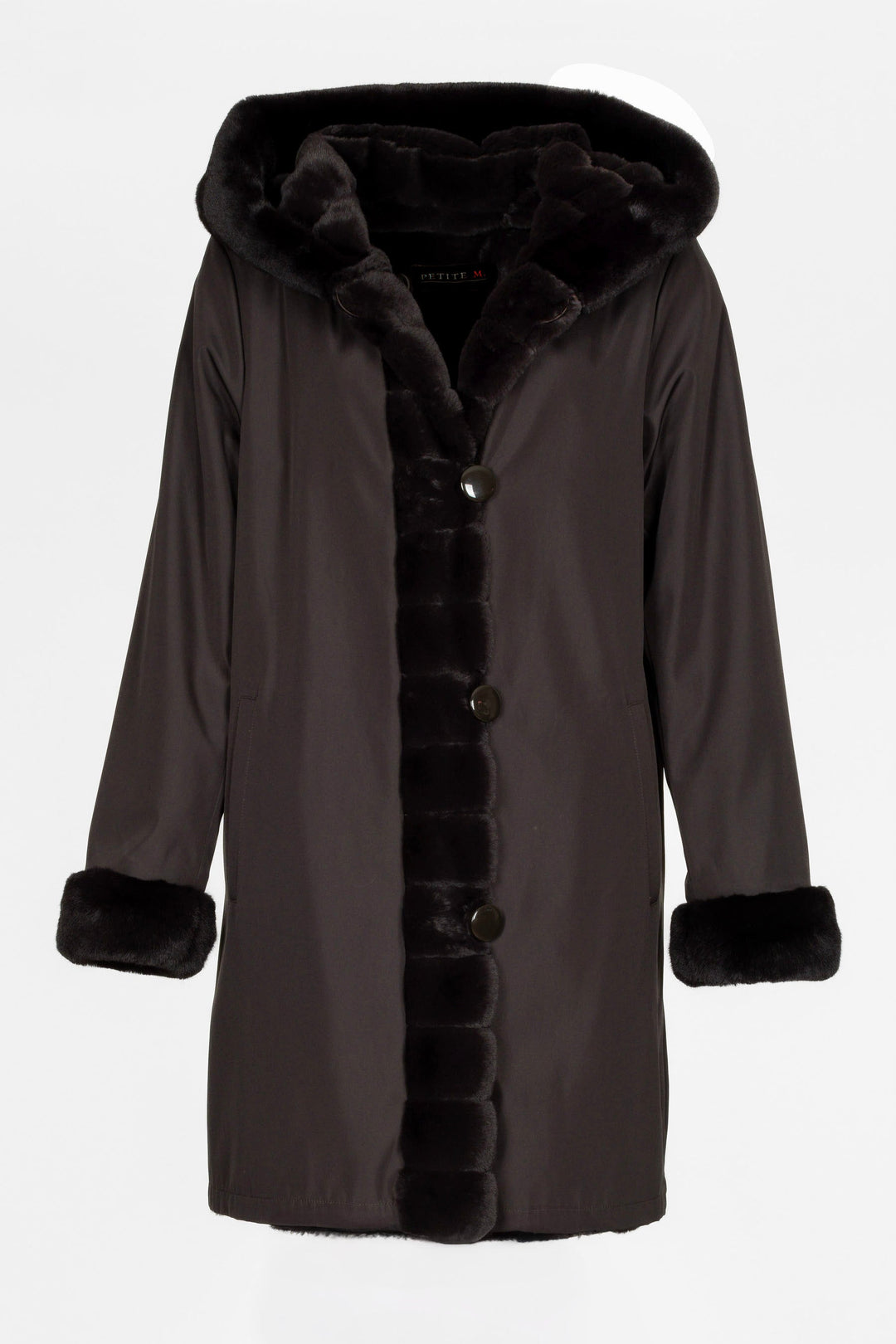 Eleganter, wendbarer Damen Kurzmantel mit Kapuze und A-Linie in Dunkelbraun, perfekt für den Winter.