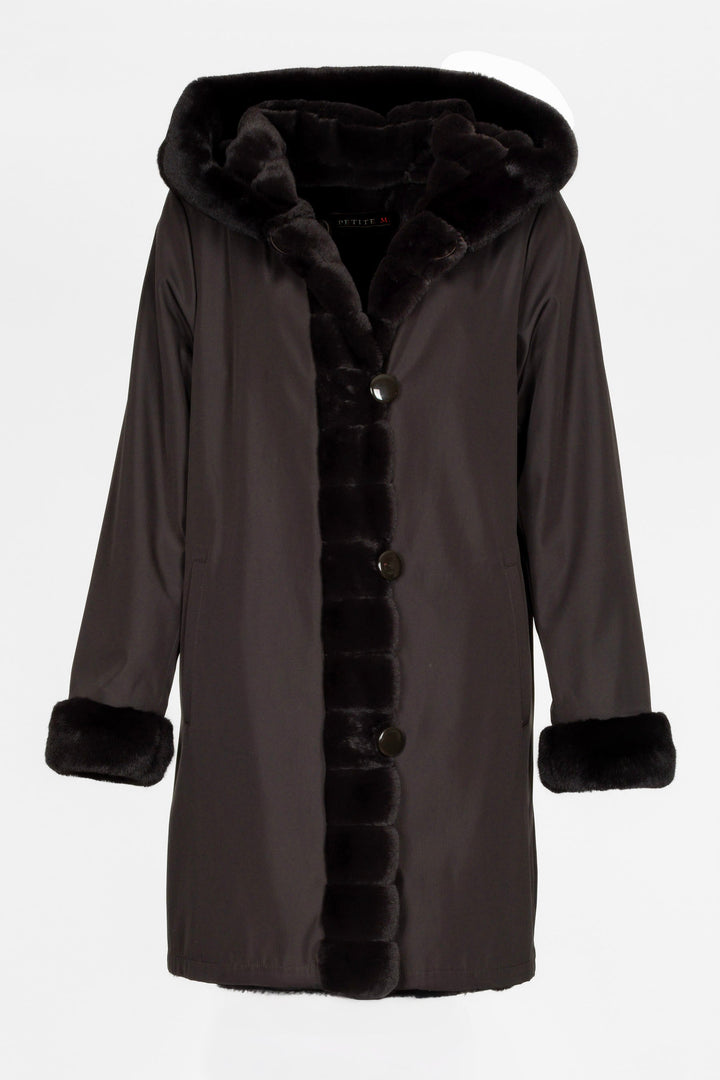Eleganter, wendbarer Damen Kurzmantel mit Kapuze und A-Linie in Dunkelbraun, perfekt für den Winter.